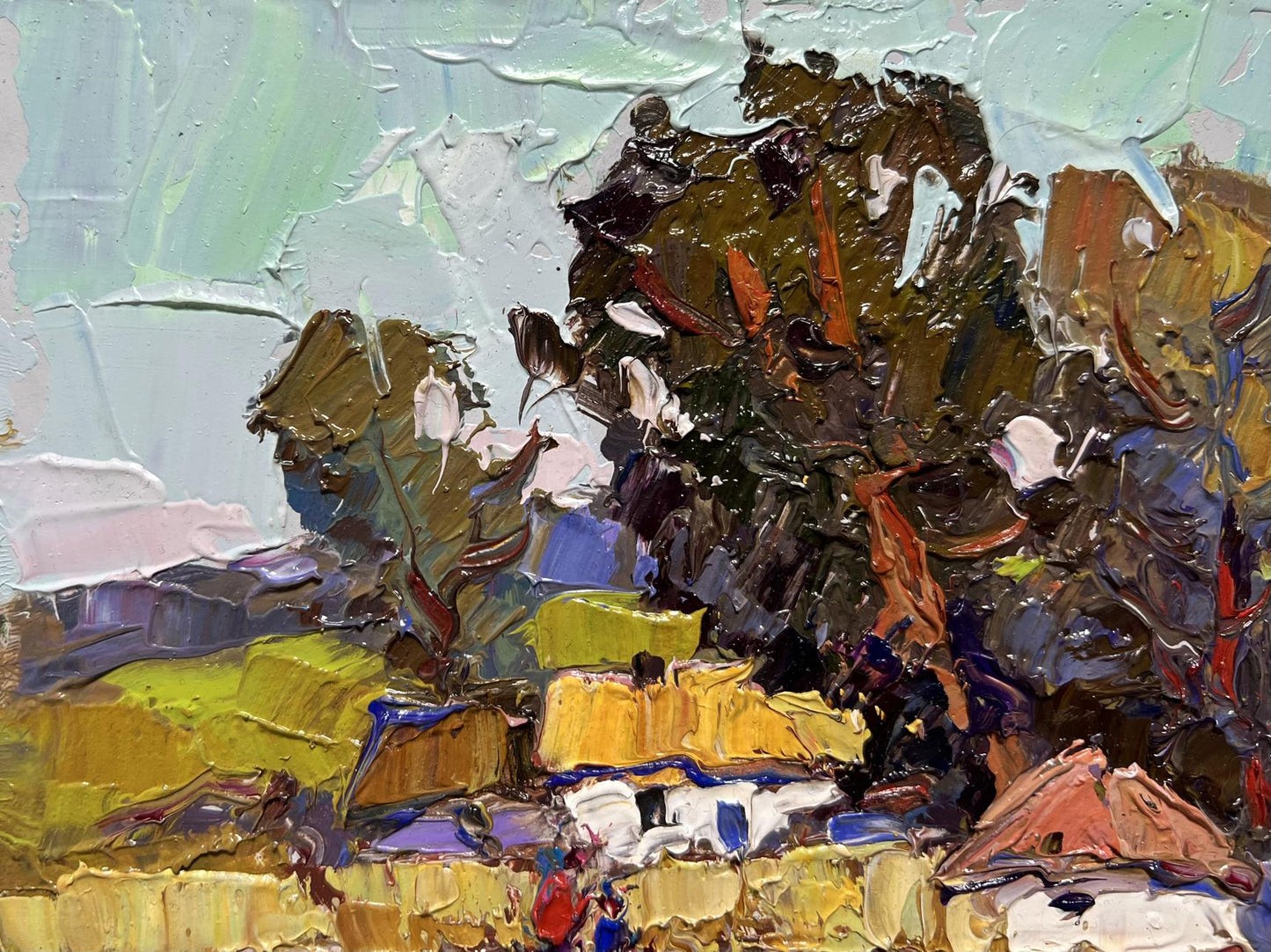 Impasto oil painting of Oksana Ivanyuk village houses in earthy textured layers