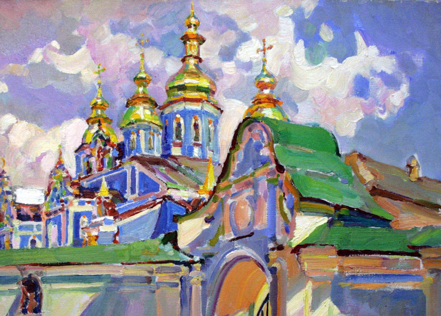 Vibrant impressionist oil painting Near the gates of the cathedral by Leonid Pavlenko
