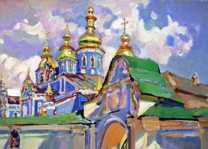 Vibrant impressionist oil painting Near the gates of the cathedral by Leonid Pavlenko
