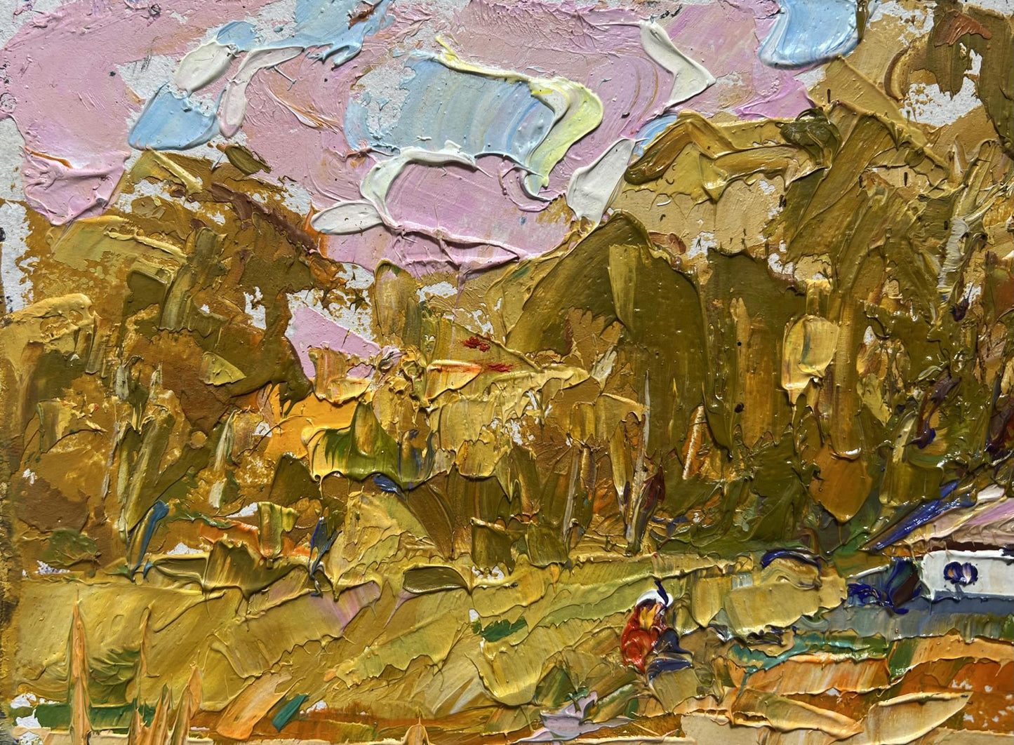 Oil painting of splashing ducklings by Oksana Ivanyuk in impasto golds