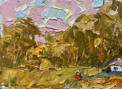 Oil painting of splashing ducklings by Oksana Ivanyuk in impasto golds