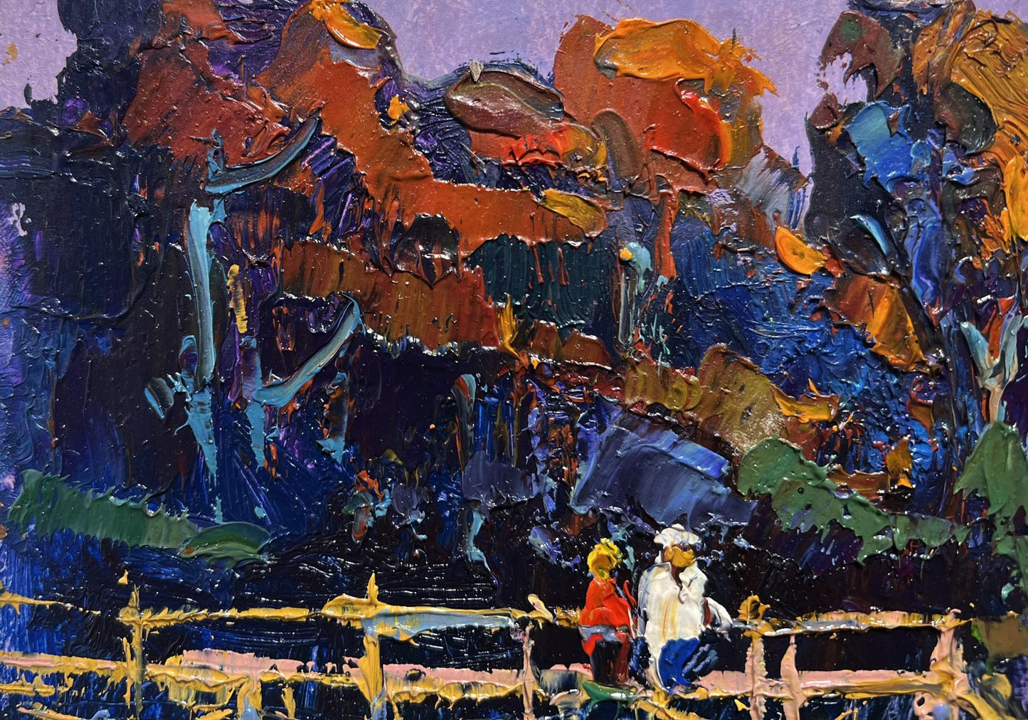 Vibrant oil painting by Oksana Ivanyuk: people on pier in bold orange blue purple strokes