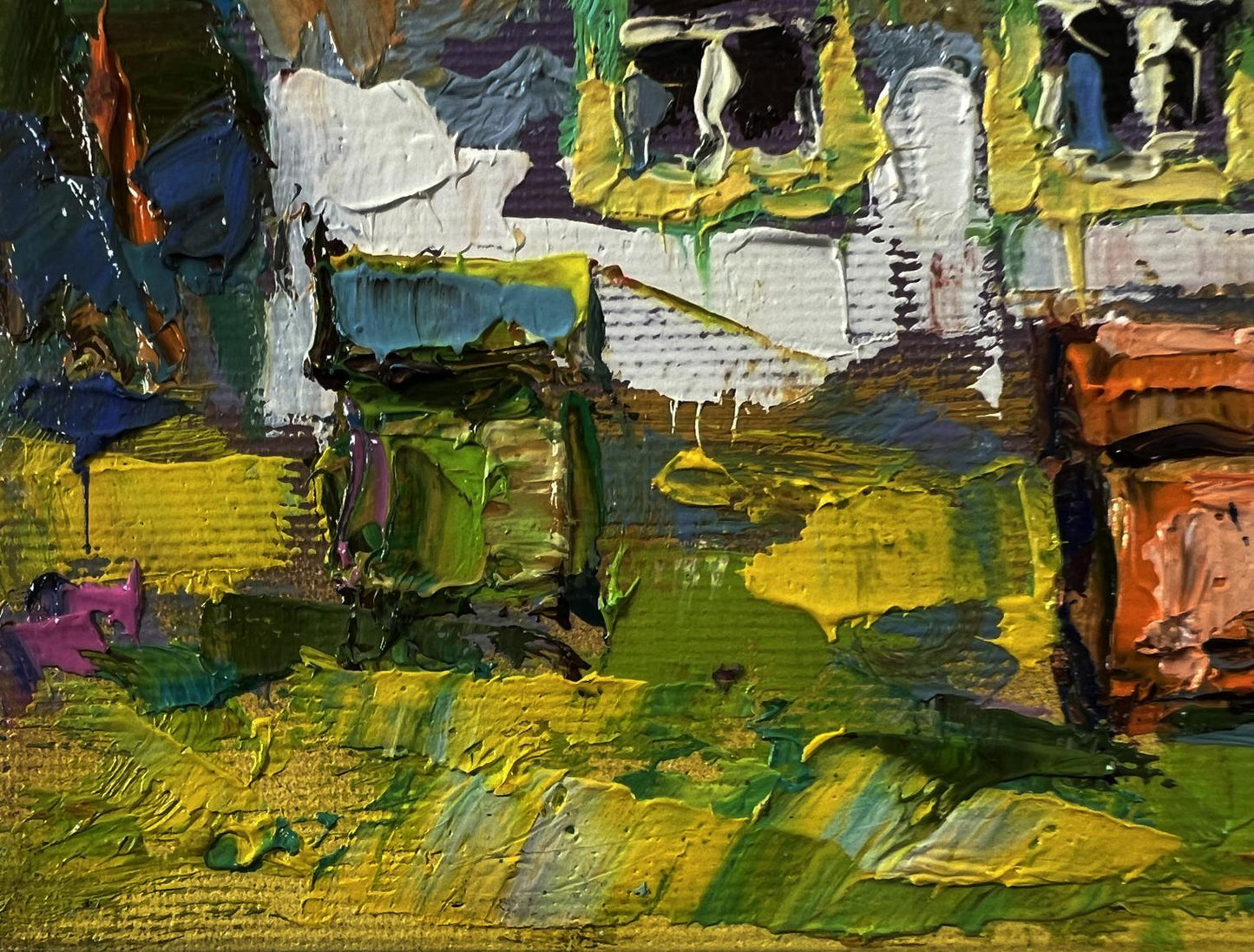 Vibrant oil painting of house in village by Oksana Ivanyuk with bold textured colors