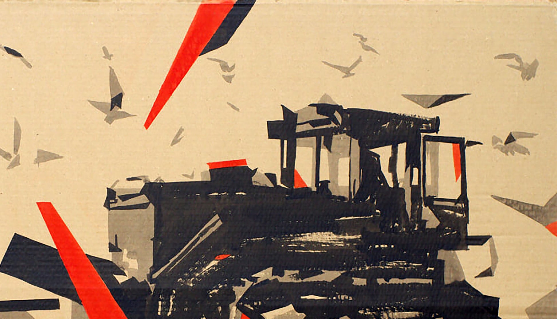 Black and red abstract acrylic painting of bulldozer and birds by Dima Filatov
