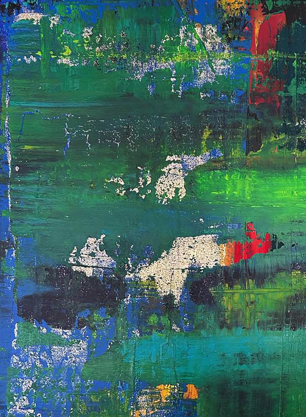 Acrylic painting Walk in the forest by Olga Melezhik, abstract green blue red strokes
