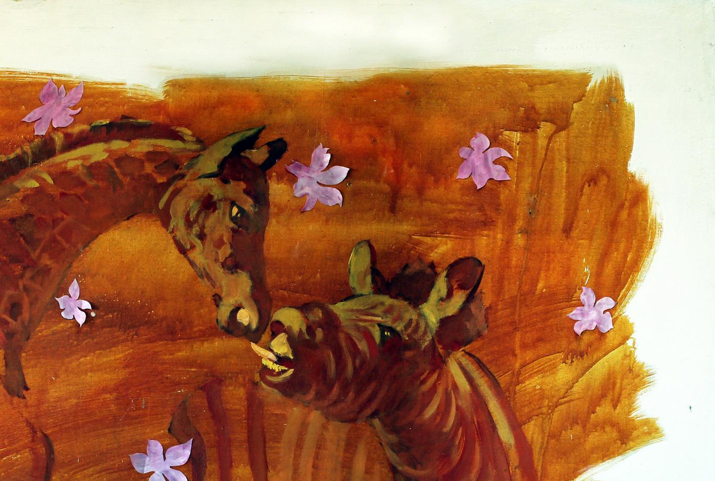 Oil painting Kiss Ed Potapenkov: watercolor giraffes amid purple flowers