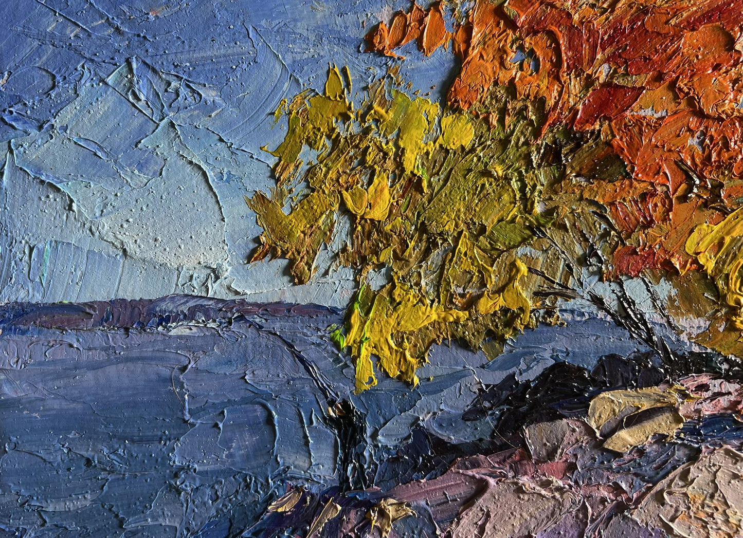 Oil painting of autumn fishing by Boris Serdyuk, vibrant tree in impasto