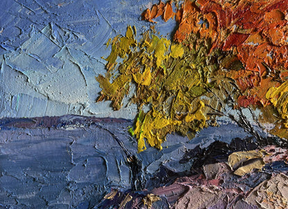 Oil painting of autumn fishing by Boris Serdyuk, vibrant tree in impasto