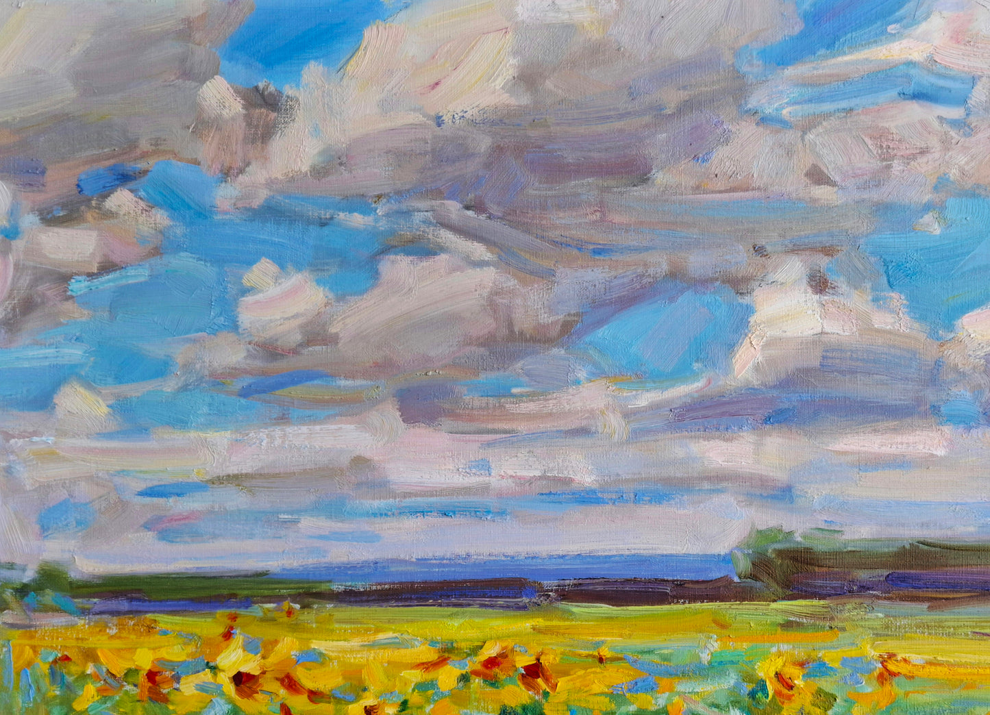 Vibrant impressionist sunflower field painting by Pereta Vyacheslav Oli