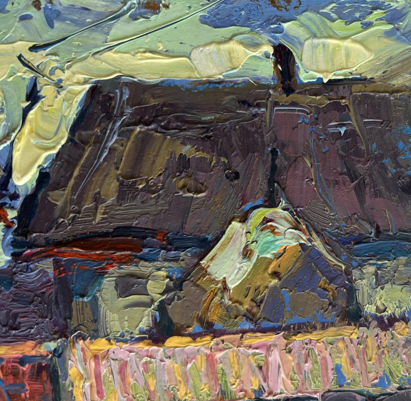 Impasto oil painting Sunset behind rooftops by Oksana Ivanyuk