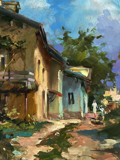 Vibrant impressionistic oil painting of sunlit village road by Yuriy Suprunchuk