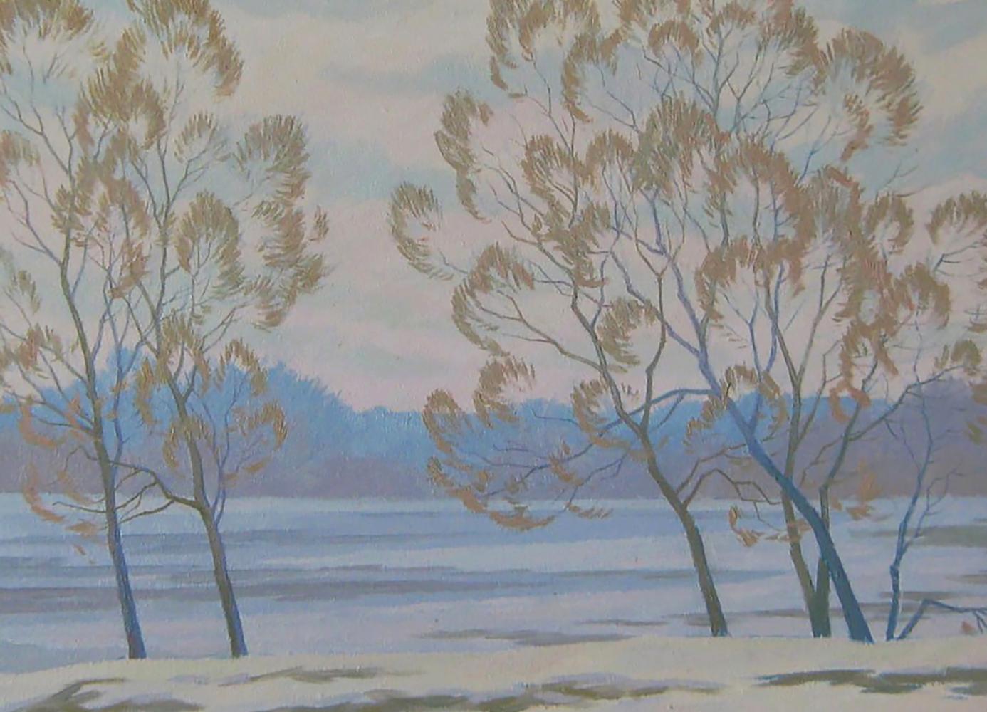 Oil painting The March snow hasnt gone yet by Valery Savenets serene lake scene