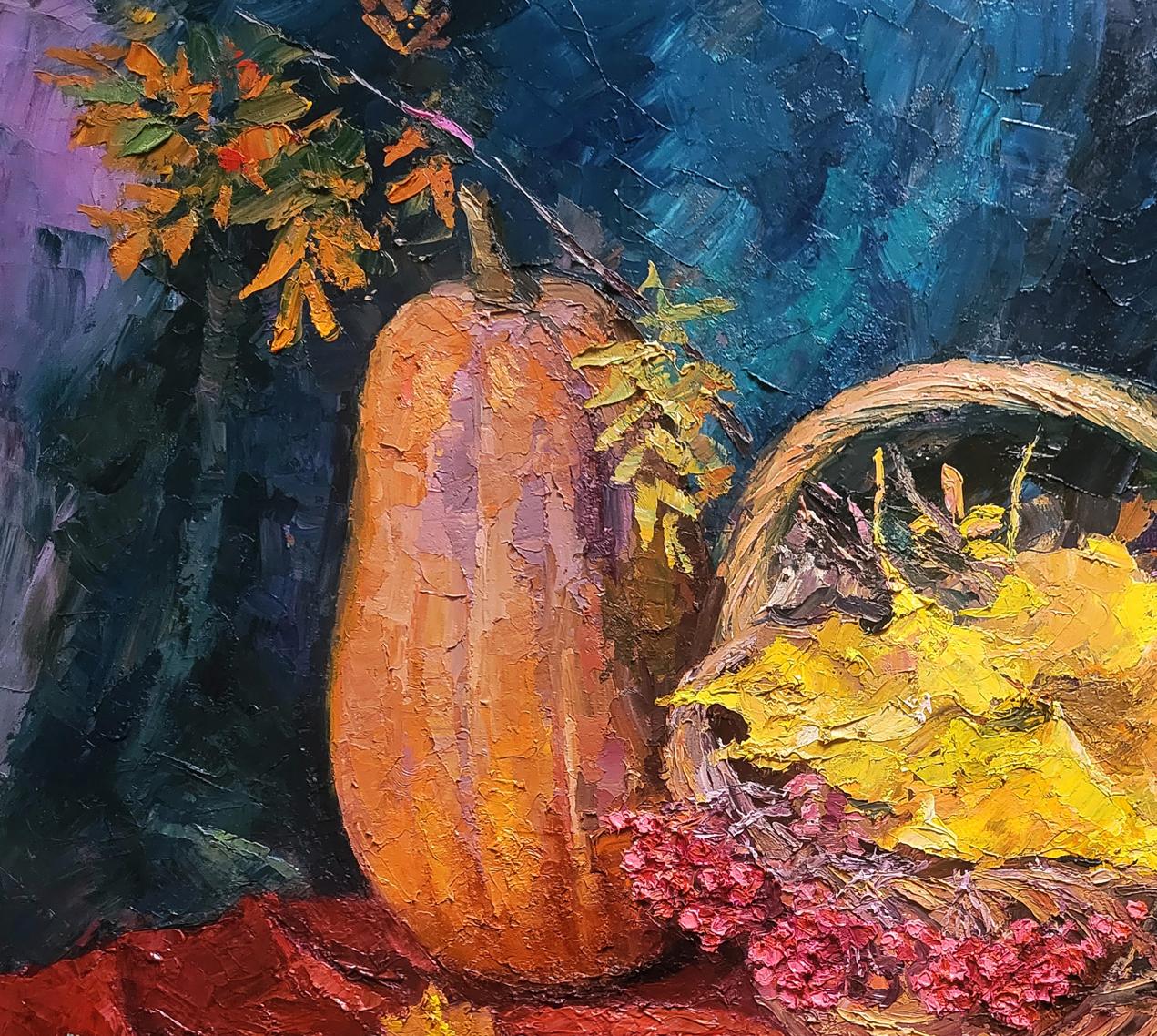 Oil painting Still life with pumpkin by Boris Serdyuk, textured orange with purple undertones