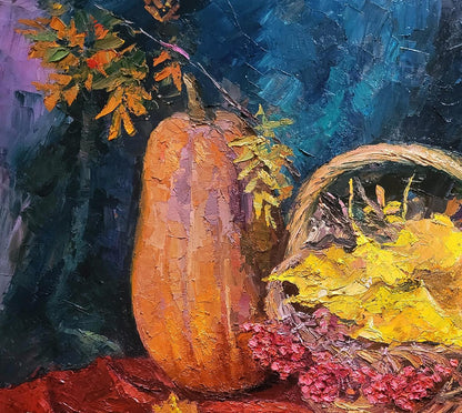 Oil painting Still life with pumpkin by Boris Serdyuk, textured orange with purple undertones