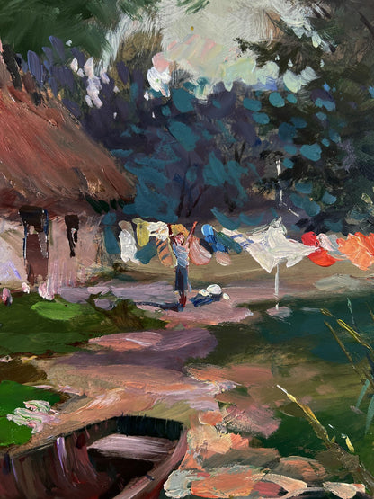 Vibrant impressionist oil painting of rustic thatched cottage by Yuriy Suprunchuk