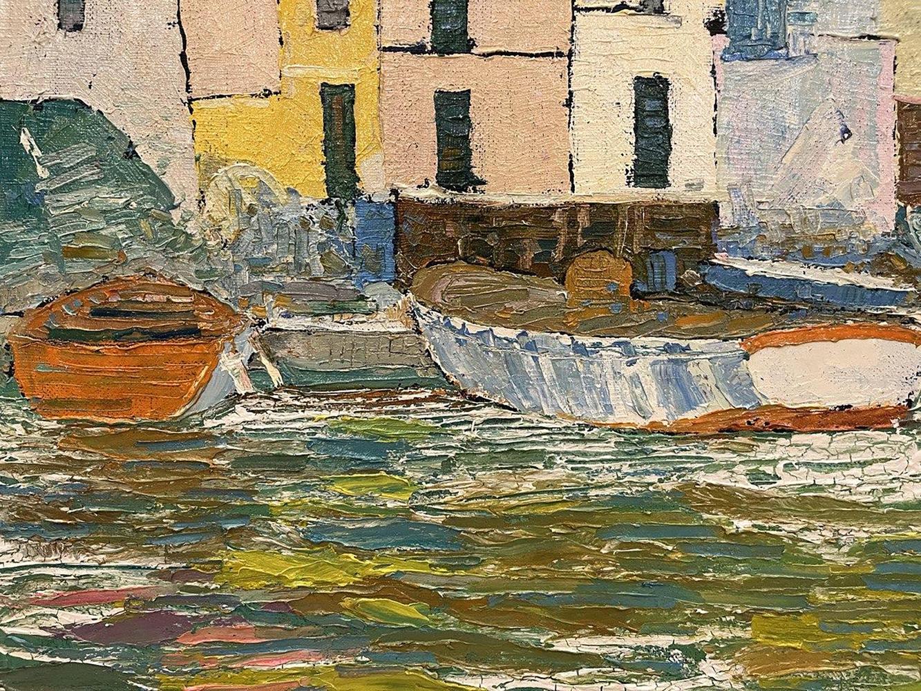 Oil painting Amplitude by Serhiy Kovalev: boats moored by colorful buildings