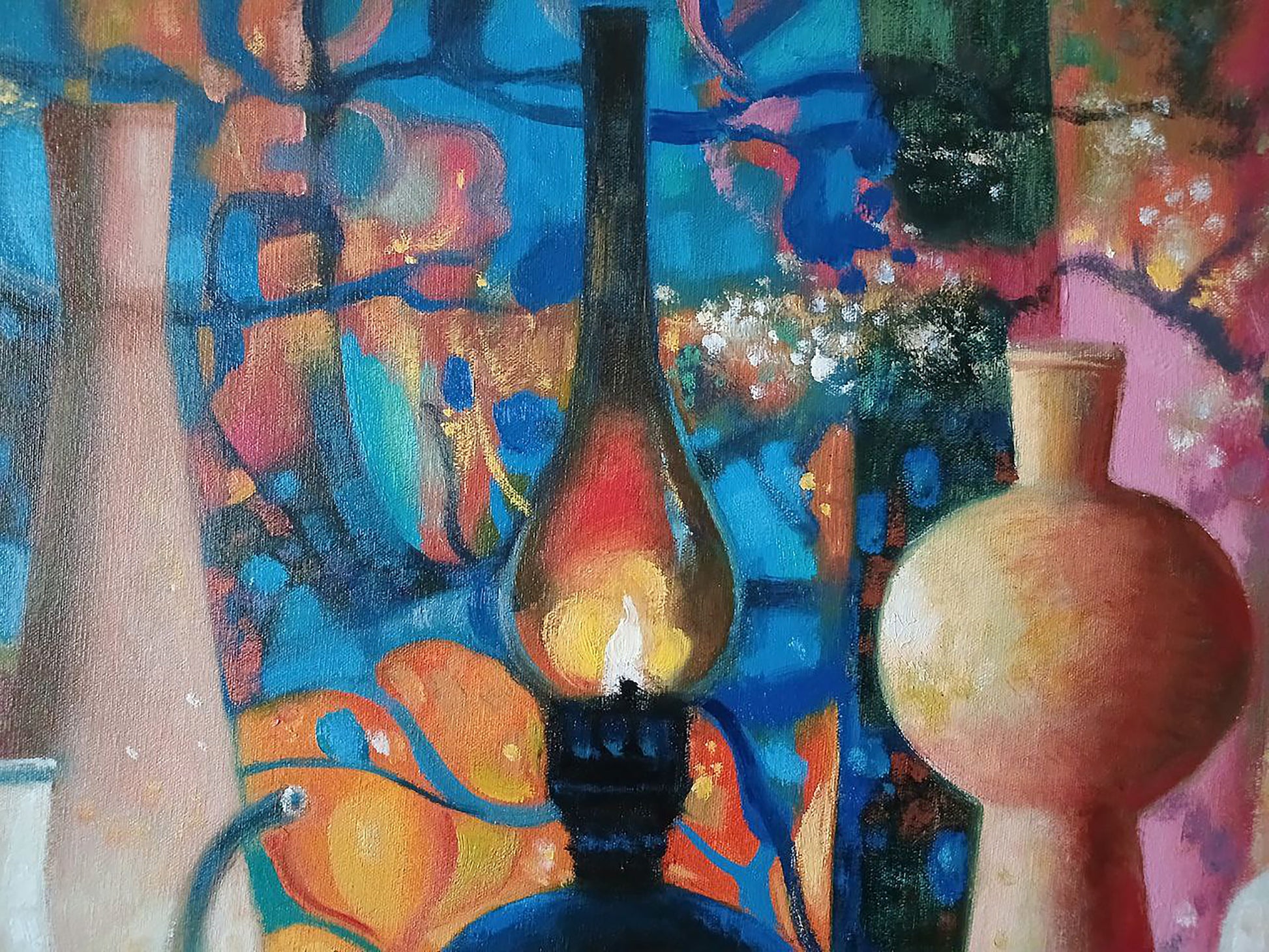 Dark glass oil lamp with glowing flame on ornate black metal base by Anatoly Tarabanov