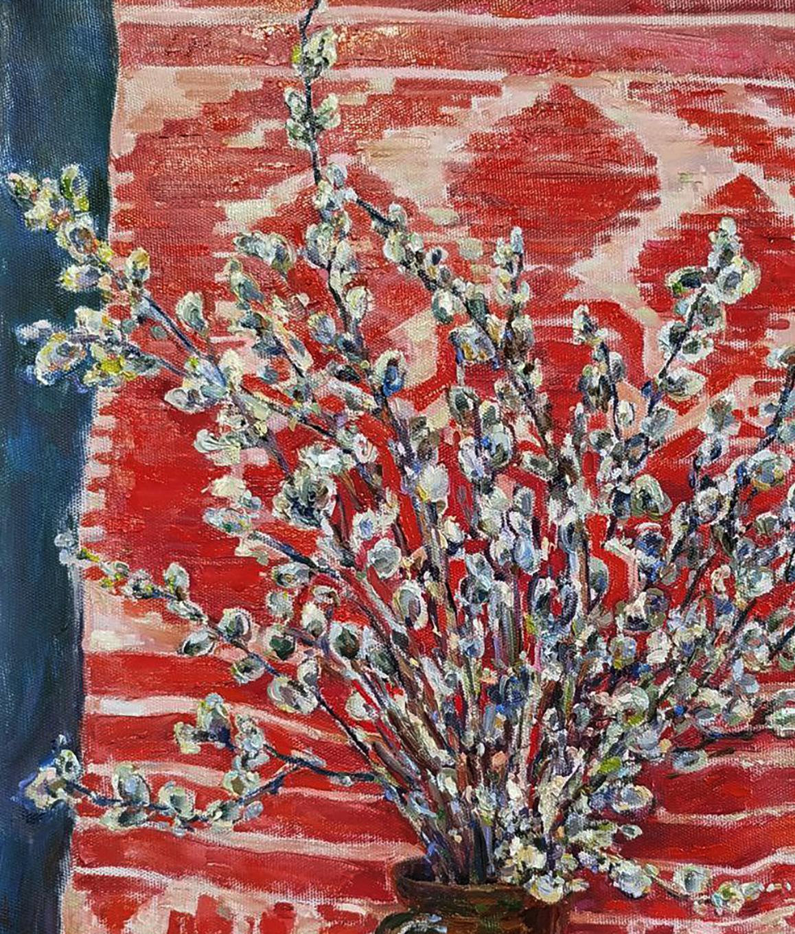 Oil painting Awakening of Spring by Leonid Pavlenko: willow bouquet in vase