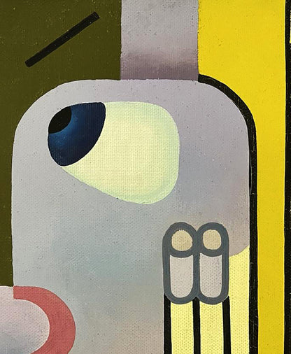 Abstract oil painting by Ihor Safonov: figure with large blue eye on geometric background