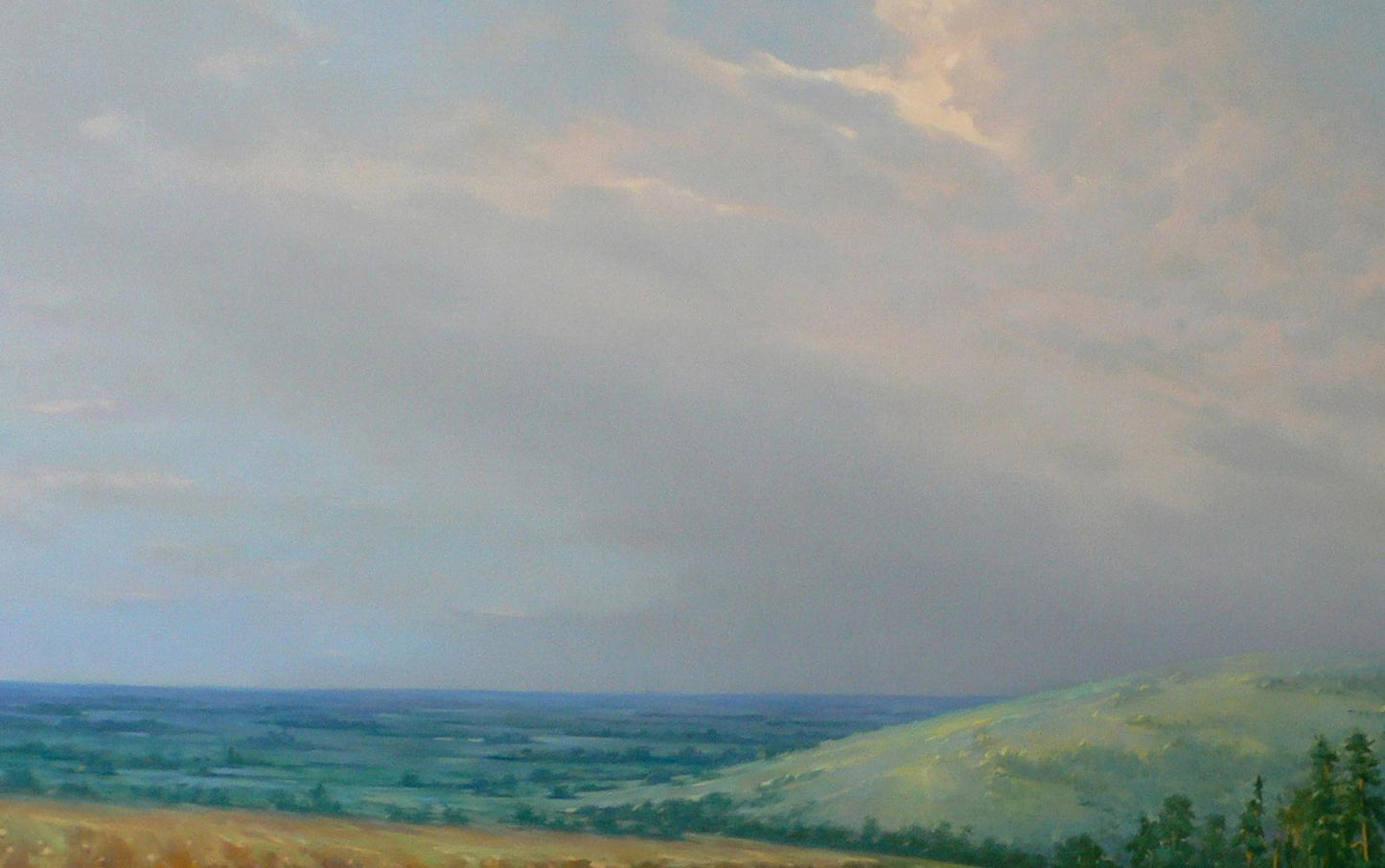 Oil painting by Vasily Korkishko: white clouds above green field hills