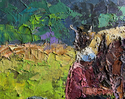 Textured impasto oil painting Lunch milking by Boris Serdyuk in red brown tones