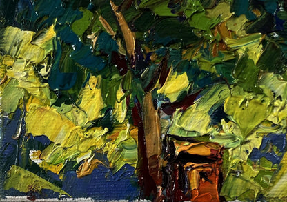 Vibrant impressionist oil painting Apiary in the forest by Oksana Ivanyuk