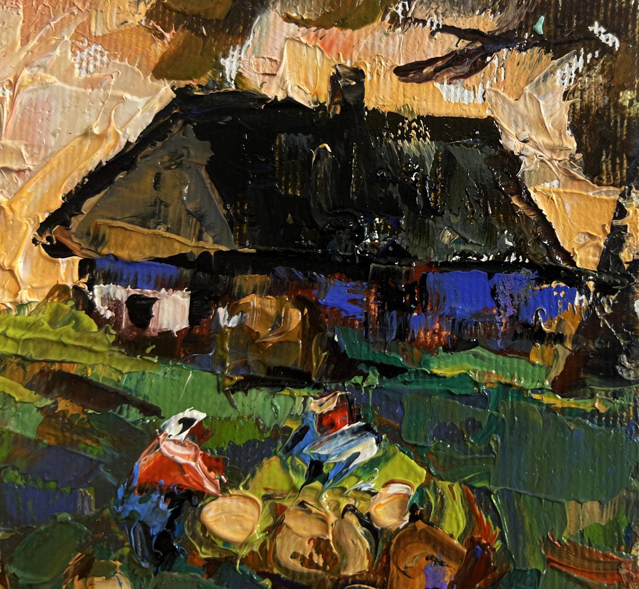 Impasto oil painting of Oleksiy Ivanyuk autumn vegetable garden cottage