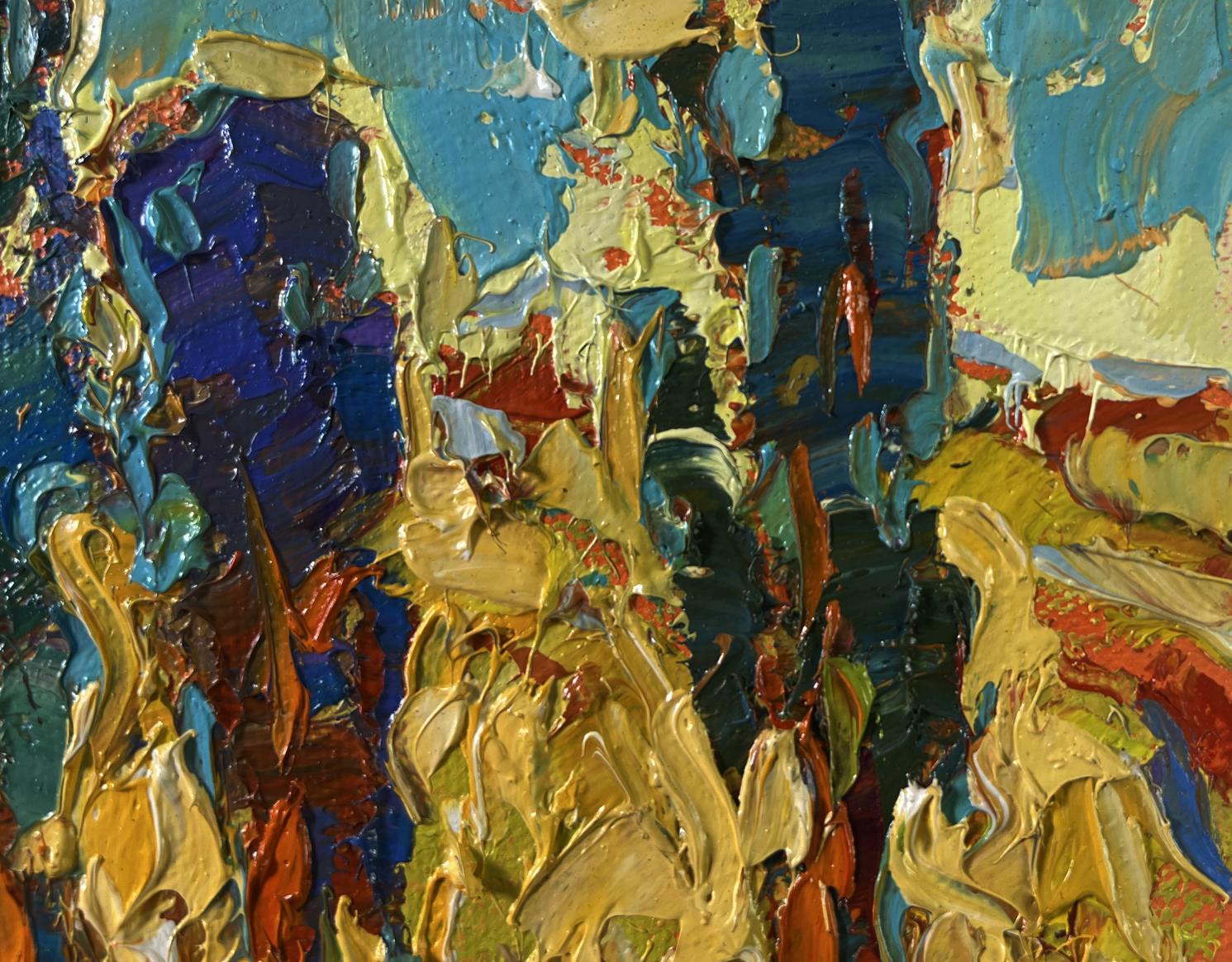 Vibrant abstract oil painting Spring Silence by Oleksiy Ivanyuk in blues golds reds