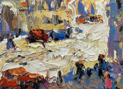 Oil painting Twilight Over the City by Oleksiy Ivanyuk, abstract expressionist textured hues