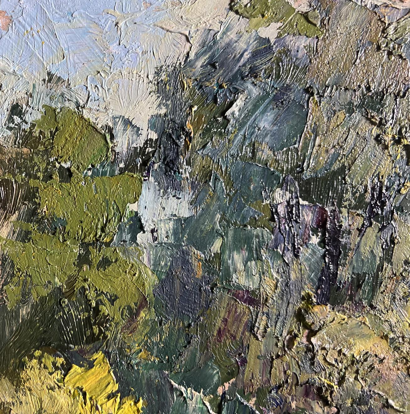 Oil painting Enjoying the Silence by Boris Serdyuk with textured green blue impasto