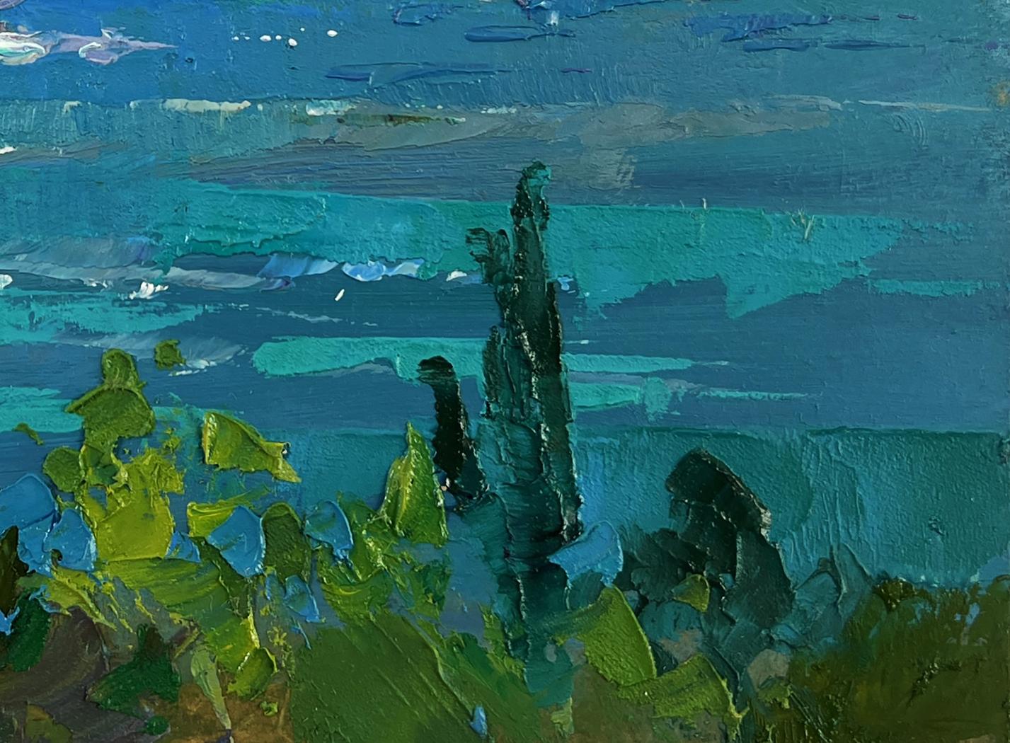 Oil painting The fusion of sea and mountains by Yuriy Suprunchuk with cypress tree