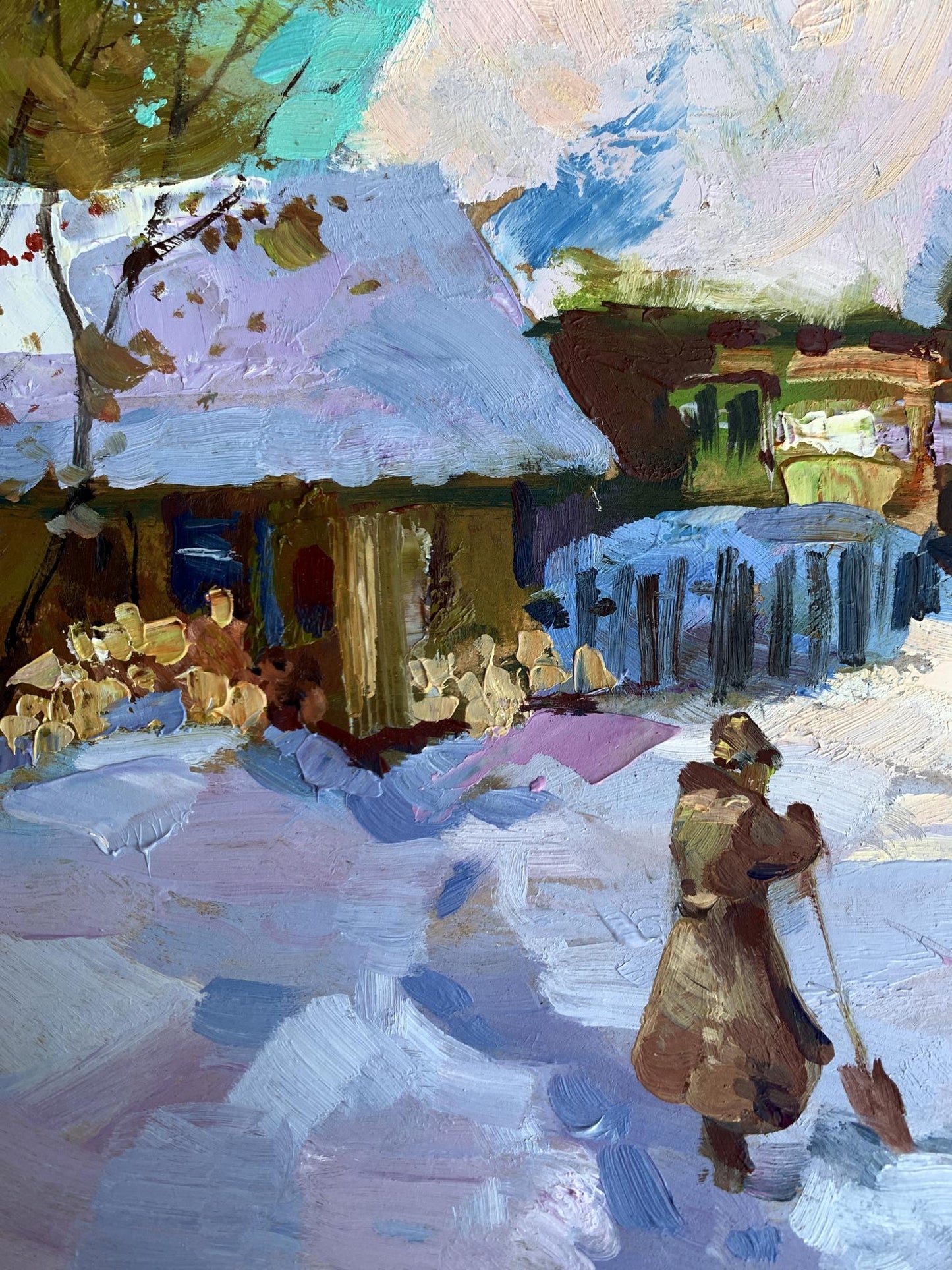 Oil painting by Yuriy Suprunchuk: person shoveling snow by snowy house