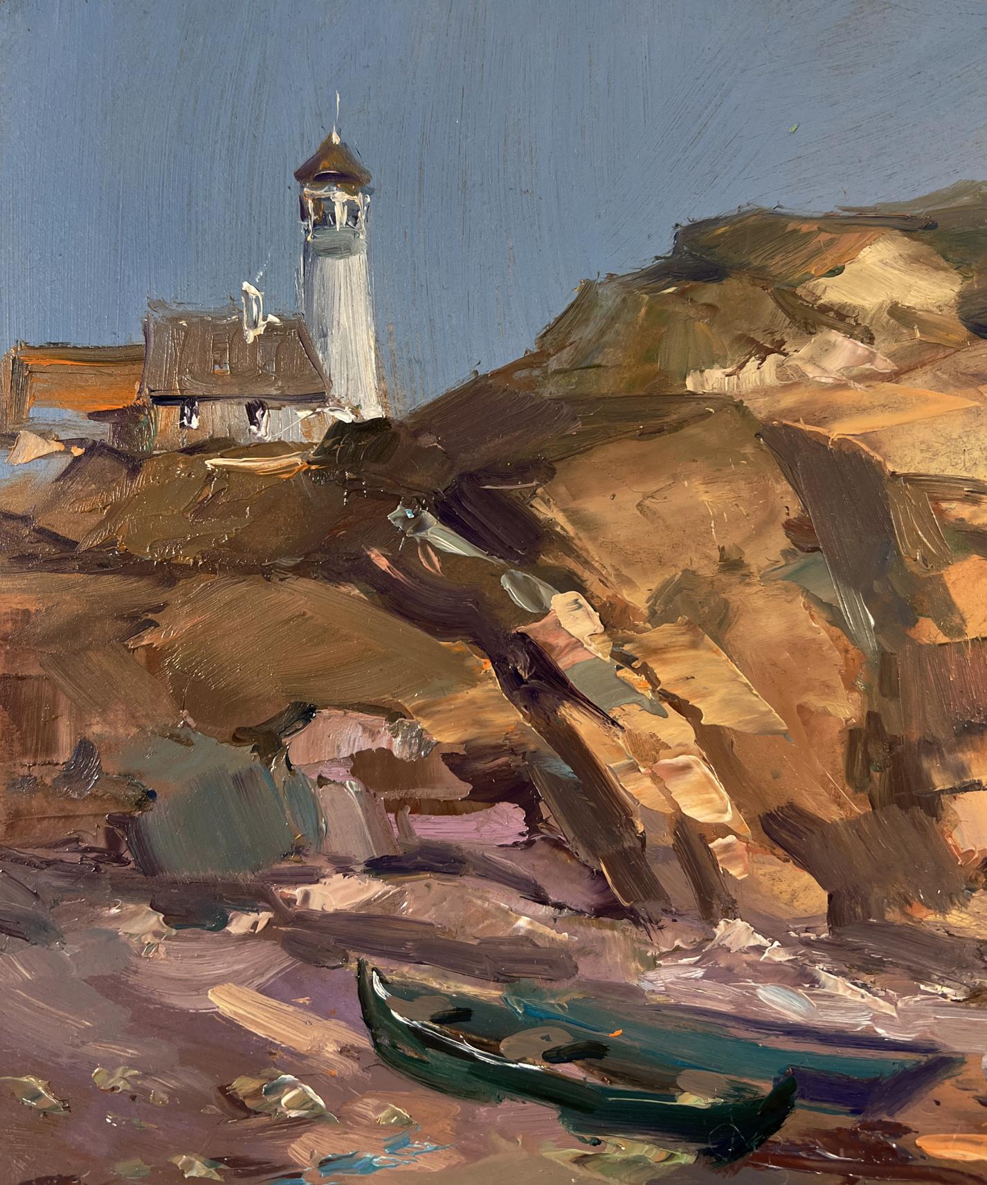 Oil painting of white lighthouse on cliffs by Yuriy Suprunchuk