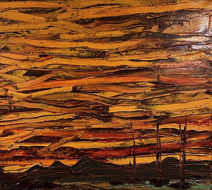 Oil painting Reflexo by Serhiy Kovalev: textured orange, yellow, brown layers with dark silhouettes