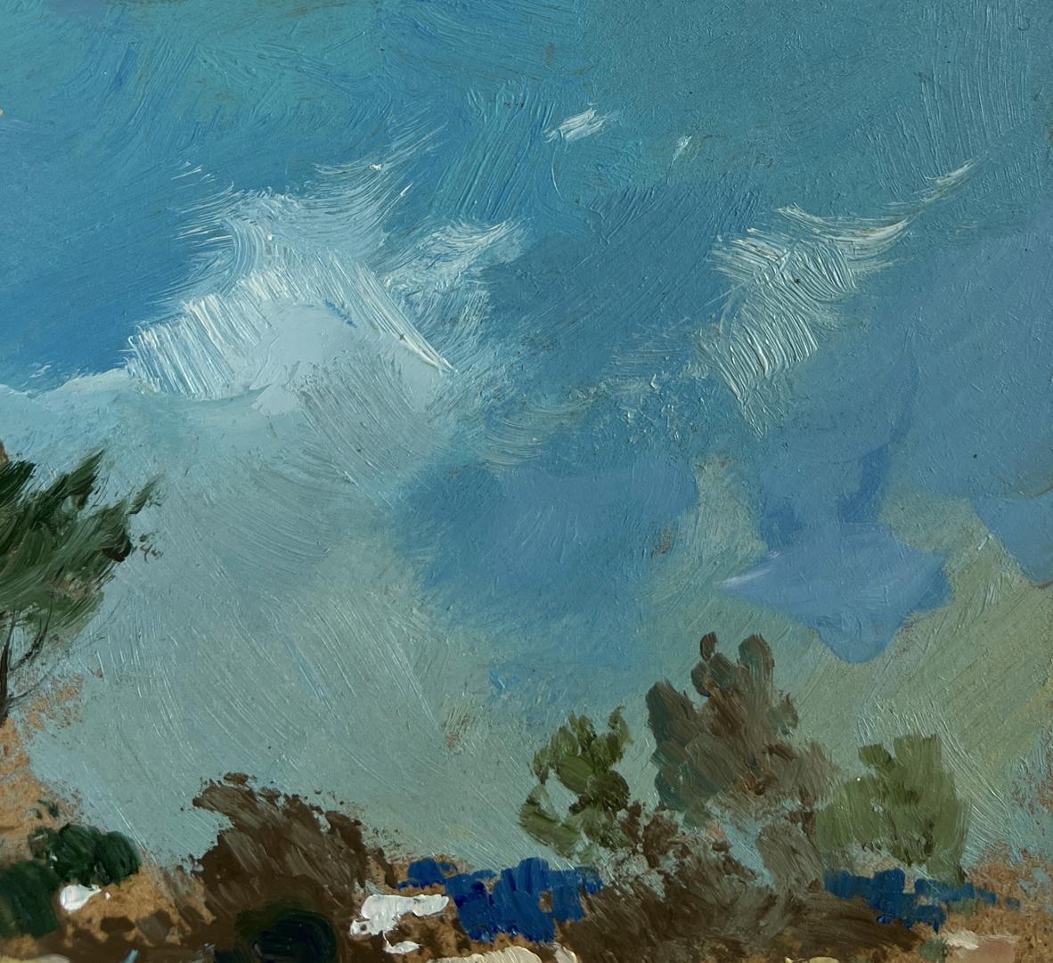 Oil painting Walking near the forest pond by Yuriy Suprunchuk with swirling clouds