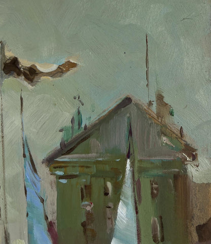 Oil painting of quiet Venice harbor by Yuriy Suprunchuk, green roof