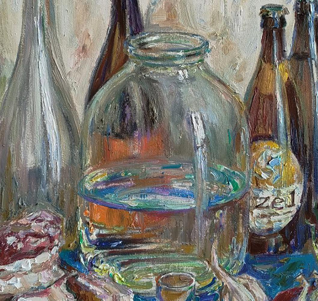 Clear glass jar with rainbow-hued water in Leonid Pavlenko oil painting