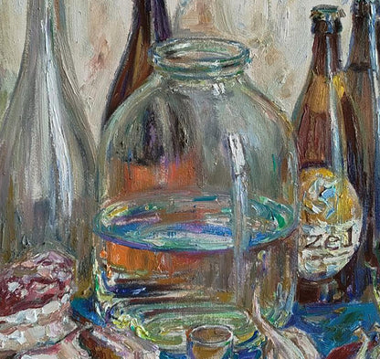 Clear glass jar with rainbow-hued water in Leonid Pavlenko oil painting