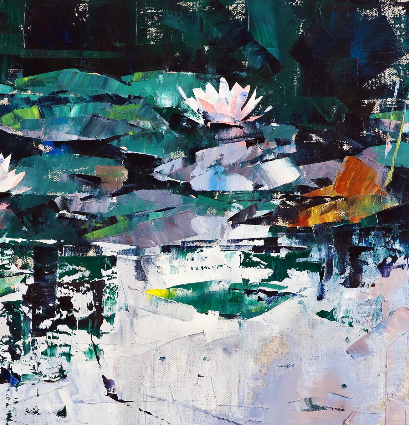 Oil painting Water lilies by Volodymyr Gluhomanyuk with pink lotus