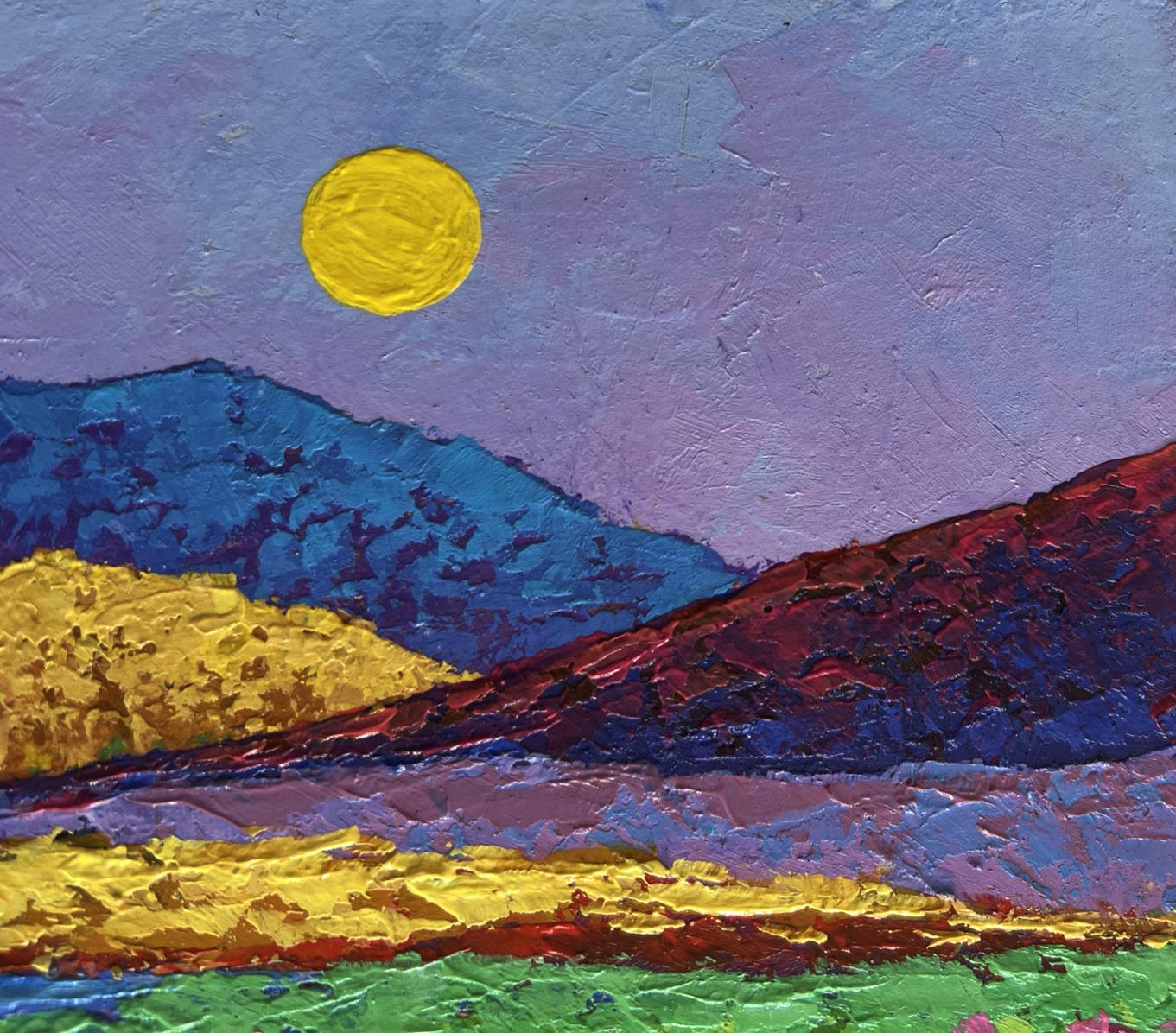 Vibrant oil painting of stylized mountains and summer flower meadows by V. Zadorozhnya