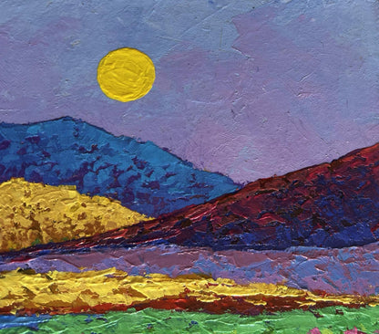 Vibrant oil painting of stylized mountains and summer flower meadows by V. Zadorozhnya