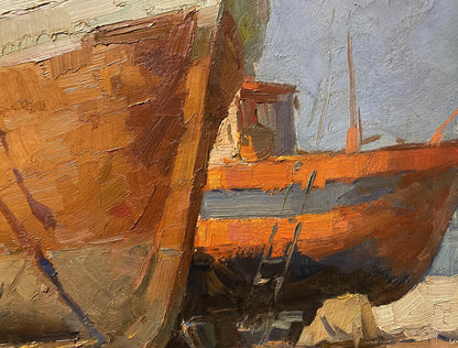 Oil painting On the Shore by Osipov Alexander: two weathered wooden boats