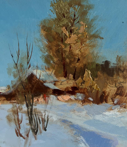 Oil painting of horse riding in snowy landscape with cabin by Yuriy Suprunchuk