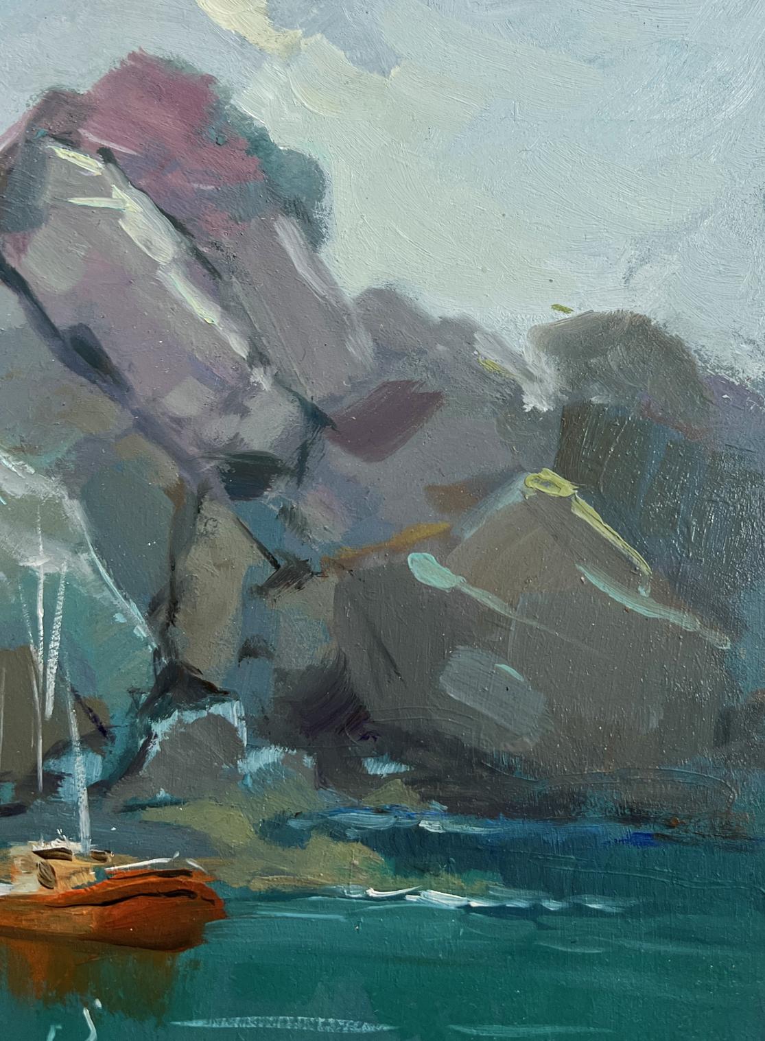 Oil painting of orange boat in turquoise sea by Yuriy Suprunchuk