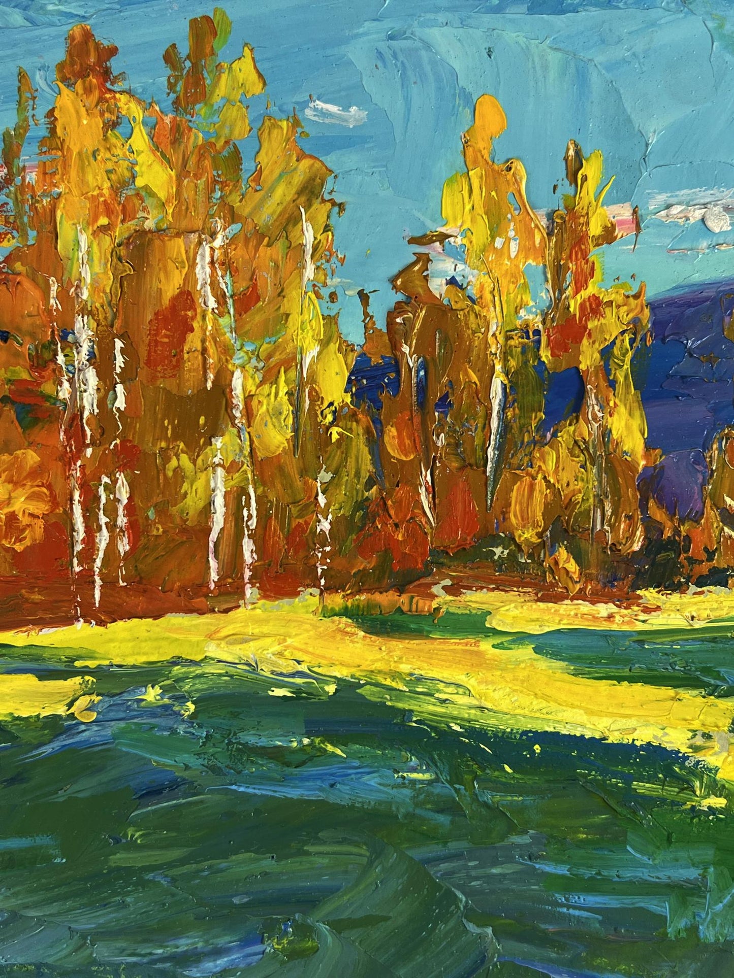 Vibrant impressionist oil painting Golden birch forest by Boris Serdyuk