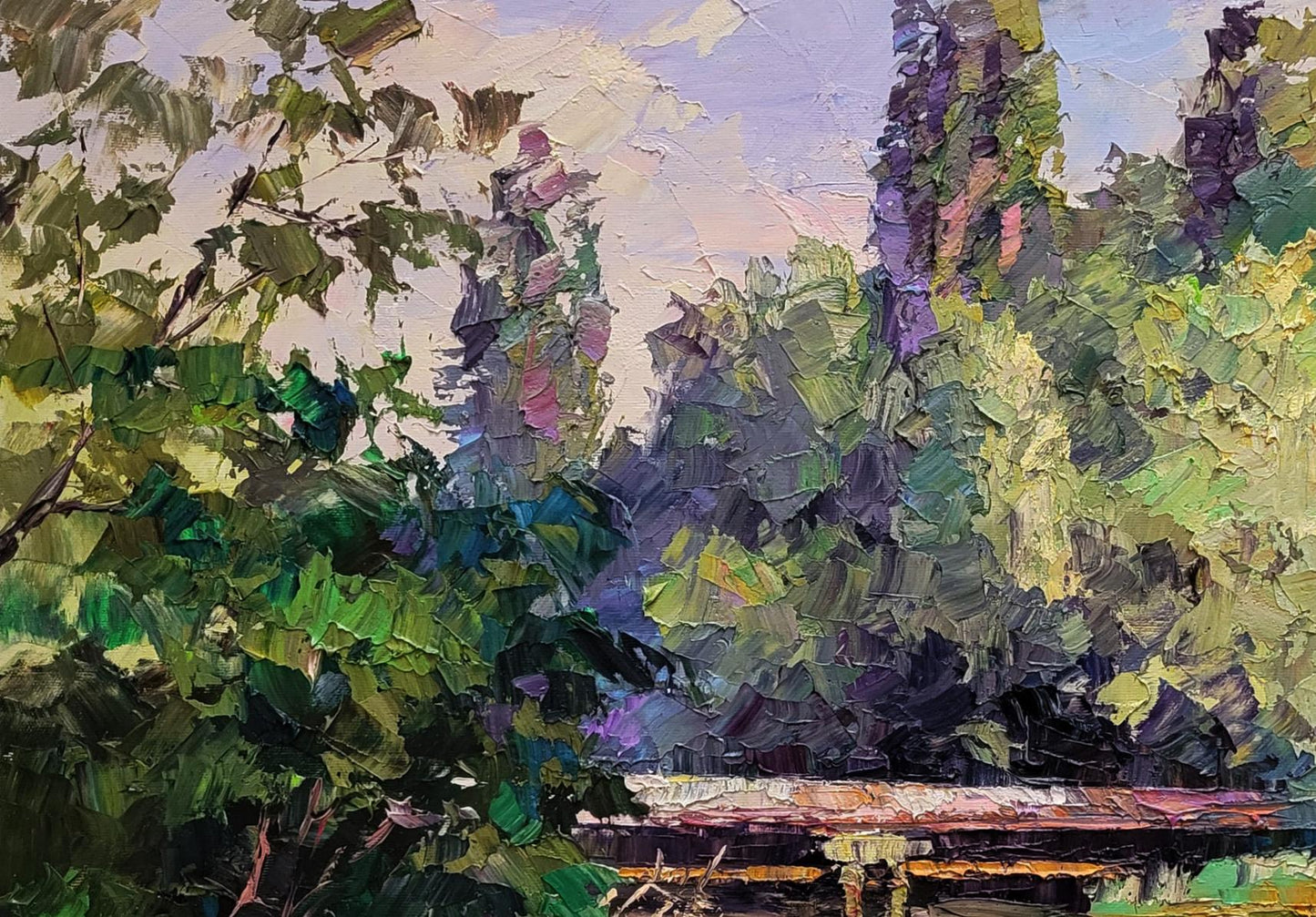 Vibrant impressionist oil painting Alone with the river by Boris Serdyuk, lush green trees