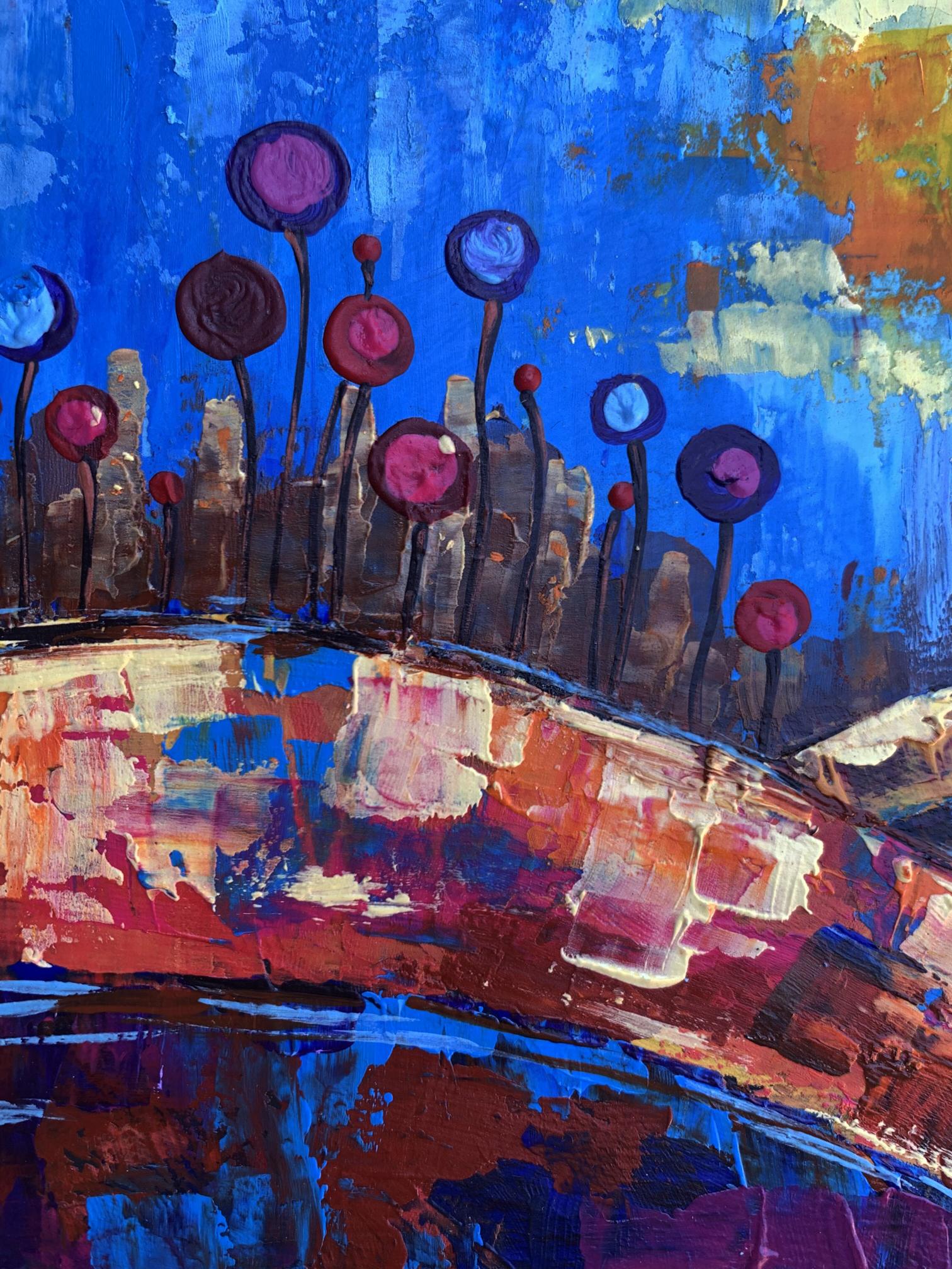 Vibrant oil painting A Childhood Dream by V. Zadorozhnya with colorful flowers