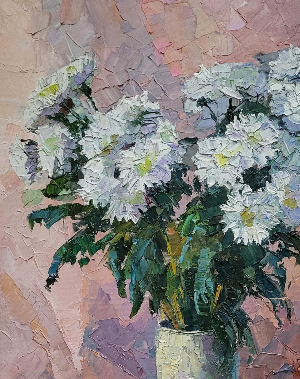 Oil painting of Chrysanthemum on pink by Boris Serdyuk with daisies