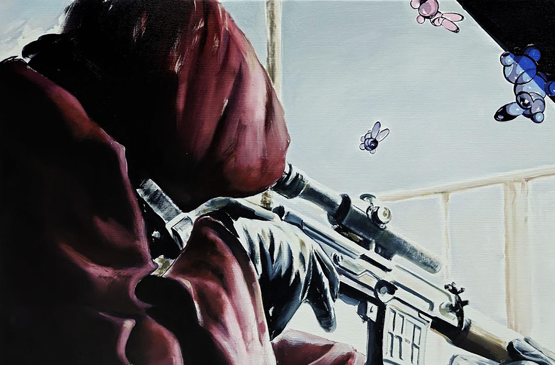 Oil painting Approaching Danger by Igor Konovalov: sniper rifle in red hooded cloak