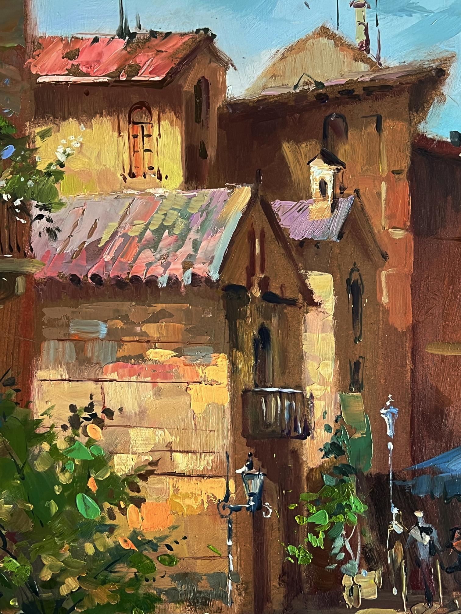 Warm-toned Venice streets oil painting by Yuriy Suprunchuk under blue sky